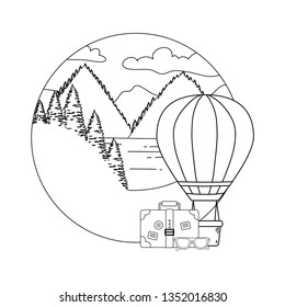 balloon air hot flying with pines and suitcase