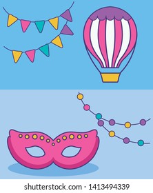 balloon air hot with mask carnival and garlands hanging