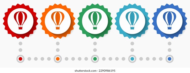 Balloon, air transport vector icon set, colorful infographic template, set of flat design badge icons in 5 color options