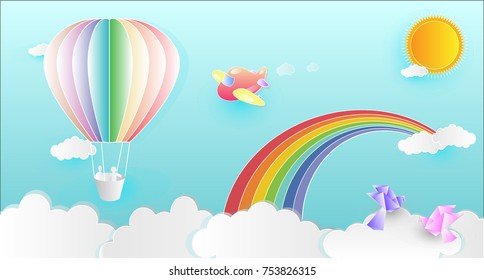 Balloon and Airplane flying over clouds and rainbows. Paper art concept. vector illustration.