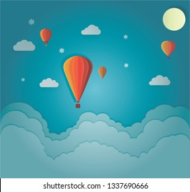 Balloon airships, business infographics, paper cut stile, clouds, stars, sun, moon