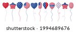 Balloon American Independence day flag cartoon set. 4th July celebration american helium air balloons circle, heart shape. National USA symbol party surprise. Isolated vector illustration