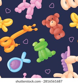 Balloon animal pattern. Child birthday party seamless texture, balloons animals funny background cute dog shape inflatable sculpture fun frog bear cartoon neat vector illustration