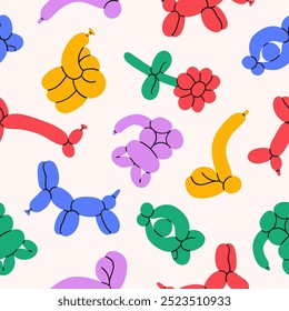 Balloon animal seamless background. Entertainment equipment. Elephant, dog, cat, giraffe, snake vector illustration. Toys for kid birthday party pattern.