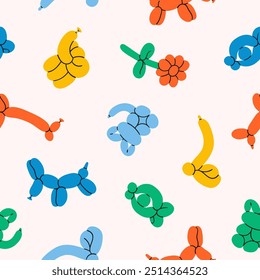 Balloon animal seamless pattern. Entertainment equipment. Elephant, dog, cat, giraffe, snake vector illustration. Toys for kid birthday party.