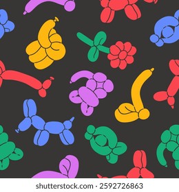 Balloon animal seamless pattern. Entertainment equipment. Elephant, dog, fish, cat, giraffe, flower, snake vector illustration. Toys for kid birthday party.