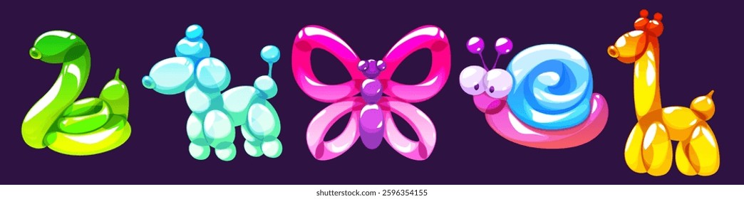 Balloon animal set - colorful shiny vector illustrations of inflatable toy figures. Cute cartoon snake and dog, butterfly, snail and giraffe designs. Vibrant color pack for kids party decoration.