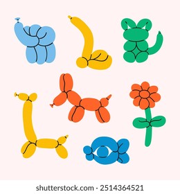 Balloon animal set. Entertainment equipment. Elephant, dog, cat, giraffe, snake vector illustration. Toys for kid birthday party.