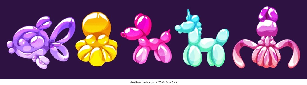 Balloon animal shapes vector set - shiny cartoon illustrations with fish and dog, horse and octopus, jellyfish of vibrant colors. Cute inflatable toy for party decorations, kids entertainment designs.