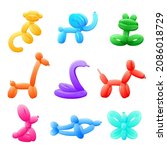 Balloon animals. Bright party balloons, kids birthday entertainment tools. Isolated abstract frog, dog, monkey. Funny cute toy, recent vector collection