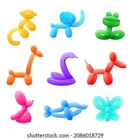 Balloon animals. Bright party balloons, kids birthday entertainment tools. Isolated abstract frog, dog, monkey. Funny cute toy, recent vector collection