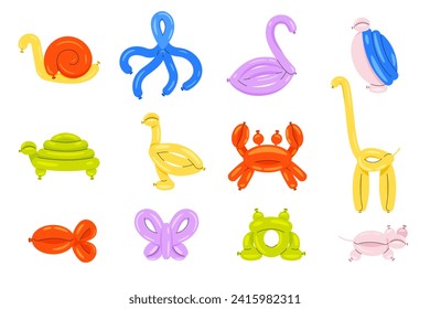 Balloon animals. Cartoon helium gas twisted sculptures of cute animals, minimal abstract characters for children party decoration. Vector set. Colorful isolated frog, crab, butterfly, swan