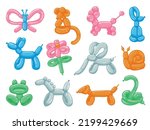 Balloon animals. Cartoon round toy animals, cute party decoration, various snake monkey horse dog colorful balloons. Vector children toy pet sculpture set. Festive helium objects for entertainment