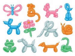 Balloon Animals. Cartoon Round Toy Animals, Cute Party Decoration, Various Snake Monkey Horse Dog Colorful Balloons. Vector Children Toy Pet Sculpture Set. Festive Helium Objects For Entertainment