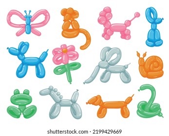 Balloon animals  Cartoon round toy animals  cute party decoration  various snake monkey horse dog colorful balloons  Vector children toy pet sculpture set  Festive helium objects for entertainment