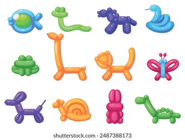 Balloon animals. Children party toys from vibrant helium balloons. Frog snake giraffe butterfly rabbit and fish. Isolated animal shapes, nowaday vector set