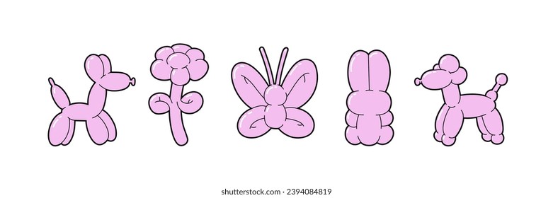 Balloon animals collection and bubble sticker. Dog flower butterfly bunny poodle in trendy retro y2k style. Cartoon graffiti vector illustration isolated on white background.