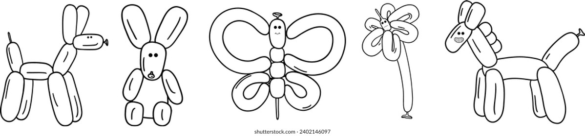 Balloon animals collection and bubble sticker. Dog flower butterfly bunny poodle in trendy.clip, tattoo, pink, game, collage, kid, icon, simple, cloud, modern, trendy, flat, design, vector, element.