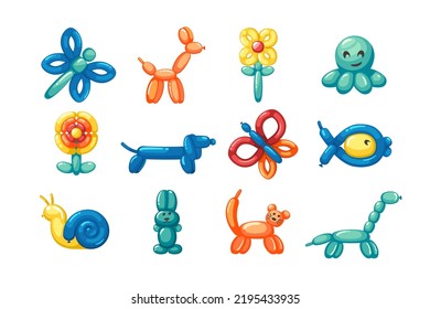 balloon animals. different colored funny rubber pets fol childrens party. Vector cartoon pictures set isolated on white