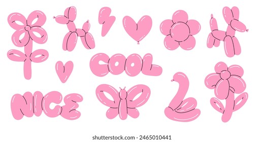 Balloon animals. inflatable dog flower and butterfly. Pink glossy decorative rubber toy. Birthday celebration party festive y2k decor. Children holidays vector cartoon flat style isolated illustration