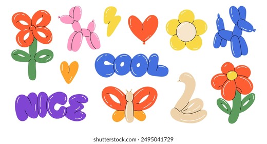 Balloon animals. inflatable dog flower and butterfly. Colorful glossy decorative rubber toy. Birthday celebration party festive y2k decor, children holidays vector cartoon flat isolated illustration