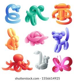 Balloon animals inflatable shapes set of realistic vector illustrations isolated on white background. Children birthday celebration party figures funny playful toys.