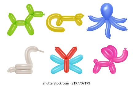 Balloon animals. Party festival rubber pets colored balloons for kids decent vector realistic templates