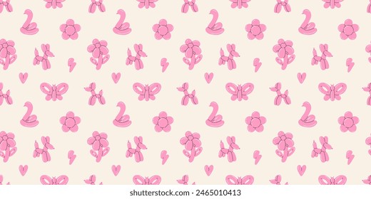 Balloon animals pattern seamless. inflatable flower and butterfly. Colorful glossy rubber toy. Birthday party festive y2k decor textile, wrapping paper, wallpaper design, print for fabric vector