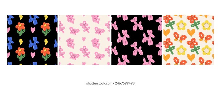 Balloon animals pattern seamless. inflatable dog flower and butterfly. Colorful glossy rubber toy. Birthday party festive y2k decor textile, wrapping paper, wallpaper design, print for fabric vector