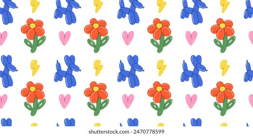 Balloon animals pattern seamless. inflatable dog flower and butterfly. Colorful glossy rubber toy. Birthday party festive y2k decor textile, wrapping paper, wallpaper design. Print for fabric vector