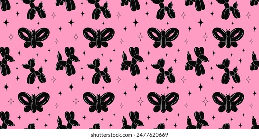 Patrón de animales de globo sin fisuras. perro y mariposa inflables. Juguete de goma brillante negro. Fiesta de cumpleaños festiva y2k decoración textil, papel de envoltura, diseño de Fondo de pantalla de impresión para la Ilustración vectorial de la tela