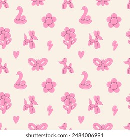 Balloon animals pattern seamless. inflatable flower and butterfly. Colorful glossy rubber toy. Birthday party festive y2k decor textile, wrapping paper, wallpaper design, print for fabric vector