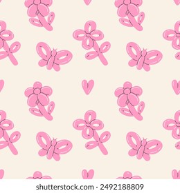 Balloon animals pattern seamless. inflatable flower and butterfly. Colorful glossy rubber toy. Birthday party festive y2k decor textile, wrapping paper, wallpaper design, print for fabric vector