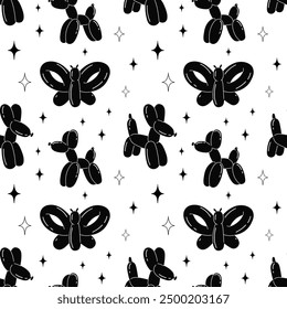 Balloon animals pattern seamless. inflatable dog and butterfly. Black glossy rubber toy. Birthday party festive y2k decor textile, wrapping paper, wallpaper design print for fabric vector illustration