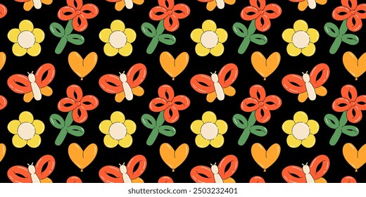 Balloon animals pattern seamless. inflatable flower and butterfly. Colorful glossy rubber toy. Birthday party festive y2k decor textile, wrapping paper, wallpaper design. Print for fabric vector