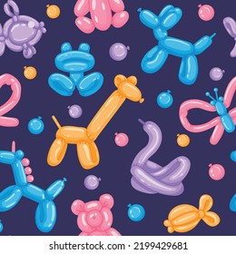 Balloon animals pattern. Seamless print of colorful animals birds and insects balloon emblems, inflatable birthday party decoration. Vector cartoon texture. Frog, unicorn and bear characters