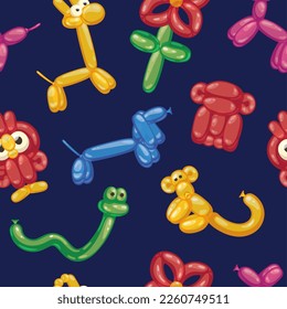 Balloon animals pattern. Seamless print of cute inflatable birthday party decoration elements, funny dog monkey snake horse characters. Vector texture of balloon happy birthday illustration pattern