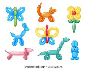 balloon animals. rubber funny pets for children celebration party dogs cat butterfly. Vector colored balloons