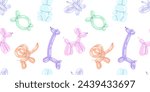 Balloon animals set. Cartoon seamless pattern. Festive present birthday colorful toy. Bright Children