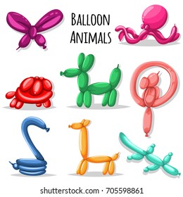 Balloon animals set: dog, giraffe, snake, parrot, butterfly, alligator, turtle and octopus. Vector cartoon icons for holidays, birthdays and party isolated on white background.