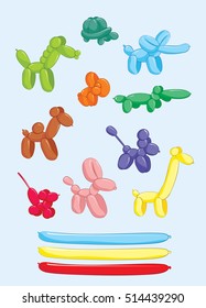 Balloon animals set - dog, mouse, giraffe, camel, crocodile, rabbit, turtle, horse, poodle, elephant. Cartoon vector illustration