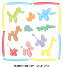 Balloon animals set - dog, mouse, giraffe, camel, crocodile, rabbit, turtle, horse, poodle, elephant. Flat cartoon vector illustration
