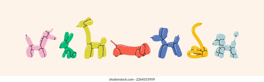 Balloon animals set in vibrant colors. Dog, unicorn, rabbit, giraffe, dachshund, poodle, swan toys. Kids birthday vector decoration concept. Twisting technique DIY tutorial. Clown stuff isolated items