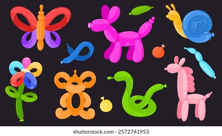 Balloon animals set in vibrant colors. Dog, monkey, giraffe, flower, snake, snail, butterfly toys. Kids birthday vector decoration concept. Twisting technique DIY tutorial. Clown stuff isolated items