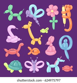 Balloon animals vector cartoon illustration set festive present rounded birthday games colorful toy. Long balloons insects and pet like dog, cat, bird cute characters