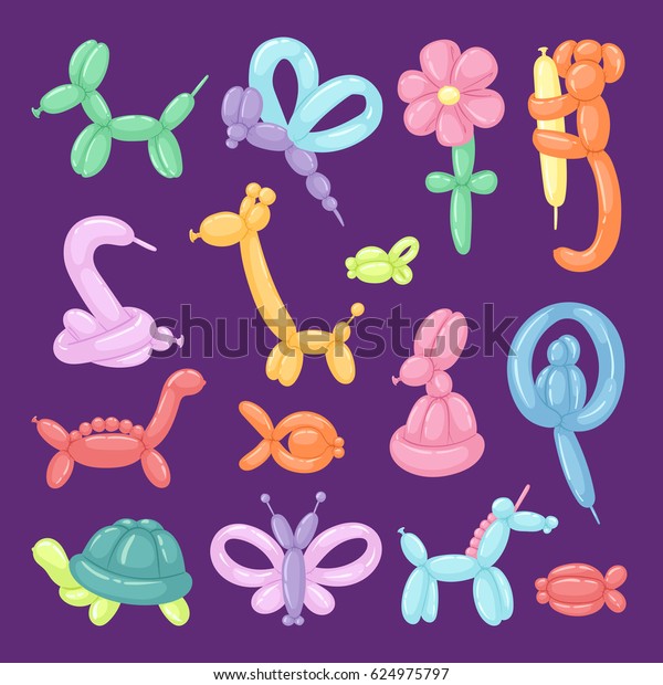 Balloon animals vector\
cartoon illustration set festive present rounded birthday games\
colorful toy. Long balloons insects and pet like dog, cat, bird\
cute characters