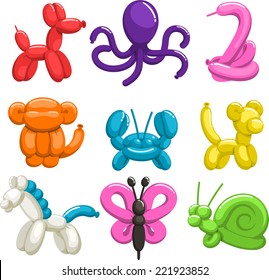 Balloon Animals Vector illustration cartoon set, with dog, octopus, monkey, crab, horse, pony, butterfly, doggy, ca, snail, crab. 