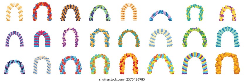  Balloon arch icons set. Set of vibrant balloon arches adding a touch of fun and elegance to parties, weddings, and various celebrations