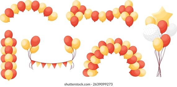 Balloon arches and garlands cartoon vector illustration set. Red, yellow helium balloons in various decorative shapes. Vector illustration collection