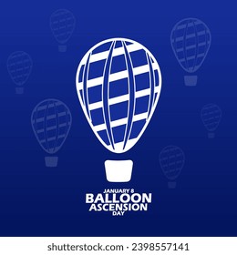 Banner del evento Balloon Ascension Day. Ilustración de globo aerostático con texto en negrita sobre fondo azul para celebrar el 9 de enero